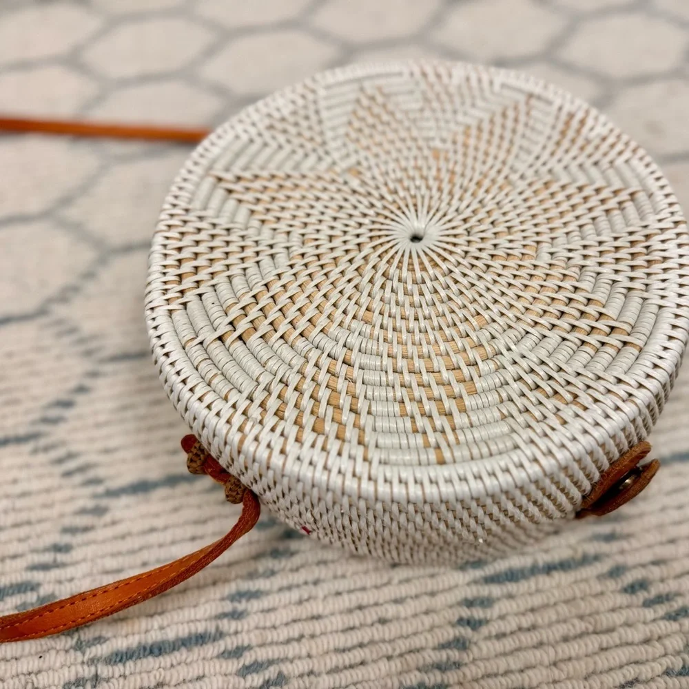 HANDMADE White Woven Boho Rattan Round Crossbody Leather Strap Tropical Lining